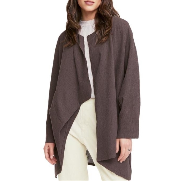 Kaliyana Jacket Womens L Lagenlook Mature Chocolate Brown Linen Assymmetric - Picture 2 of 13